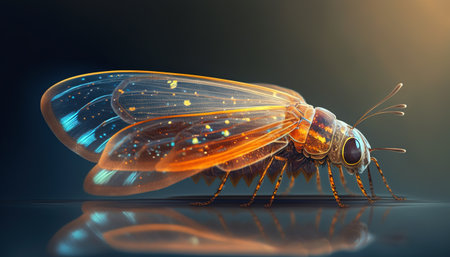 Flying insect close-up on a dark backgroundの写真素材