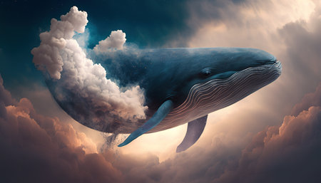 Dreamlike whale flies in the skyの写真素材