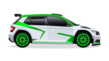 Detailed flat white green racing car cartoon vector with shadow.のイラスト素材