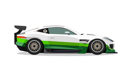 Detailed flat white green racing car cartoon with shadow.のイラスト素材