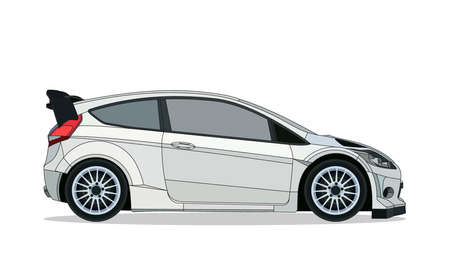 Detailed flat white hatchback car cartoon with shadow.