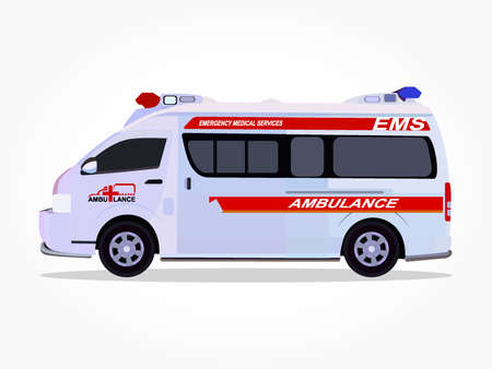 detailed side of a flat ambulance vehicle cartoon with shadow effectのイラスト素材