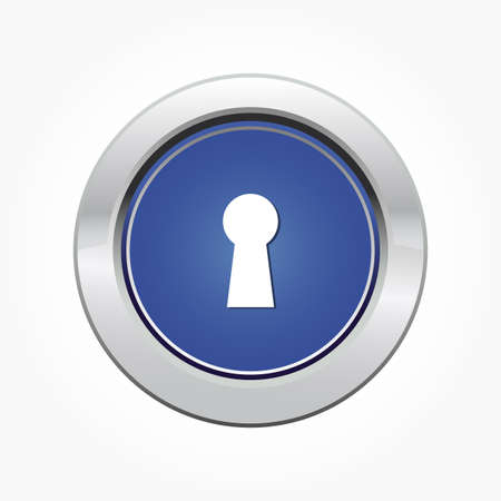 realistic round blue button with silver frame and key holeのイラスト素材