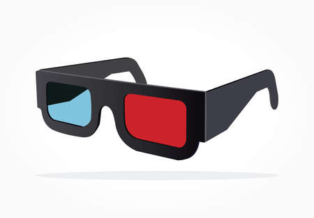 Realistic floating red blue 3d eye glasses with black frame and shadow effect isolated in white backgroundのイラスト素材