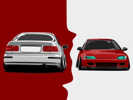 flat red white cars cartoon vector illustration art in wide screen ratioのイラスト素材