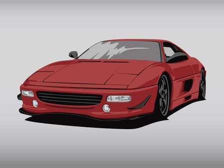 detailed body and rims of a flat red car cartoon vector illustration with shadow effect in wide screen ratioのイラスト素材