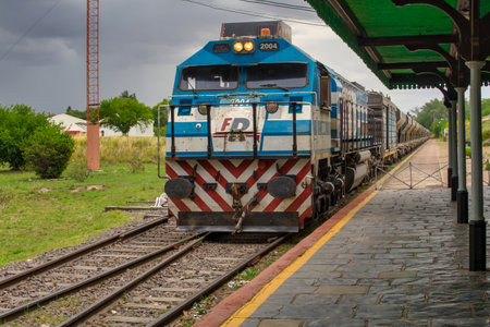 Large cargo train stopped at Sierra de la Ventana train station on warm stormy afternoonのeditorial素材
