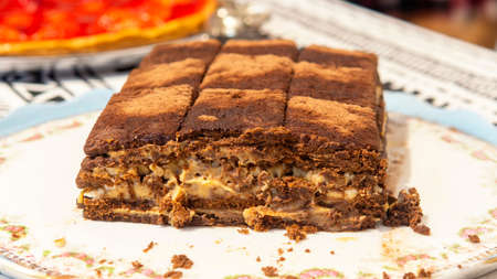 Close view of a chocotorta, traditional dessert from Argentina