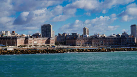 Panoramic view of Mar del Plata city taken from the ocean on a sunny winter morningの写真素材
