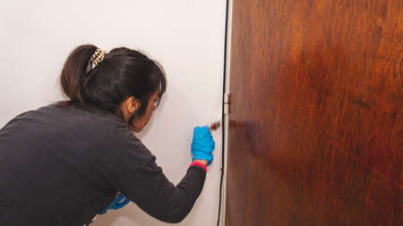 Young latin woman painting with a small brush a wall in her apartmentの写真素材