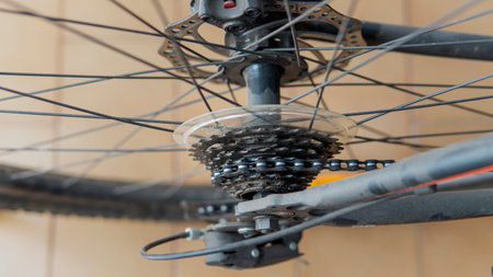 close view of the chain and rear sprocket of a black bicycle