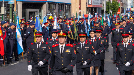 Firefighters marching at volunteer firefighters day paradeのeditorial素材