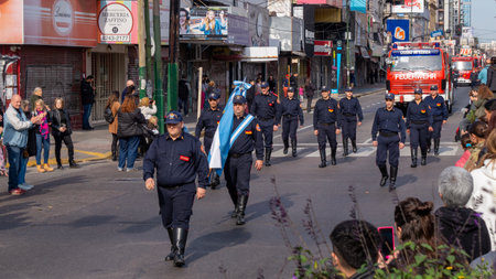 Firefighters marching at volunteer firefighters day paradeのeditorial素材