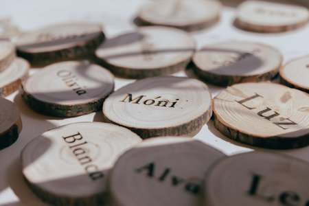 Wooden letters on the table. Close-up of names carved on wood.の写真素材