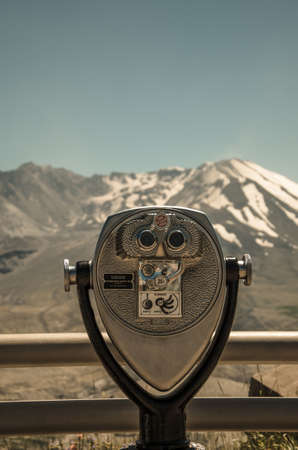 A closeup of a viewfinder overlooking Mt St Helens