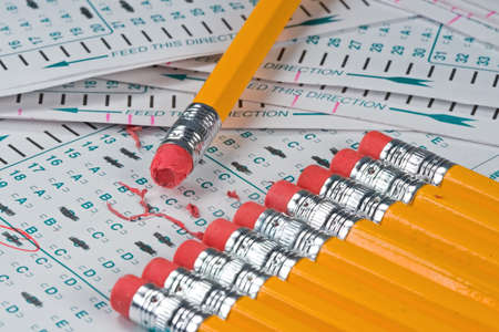 A bubble quiz or test on a students desk at schoolの写真素材