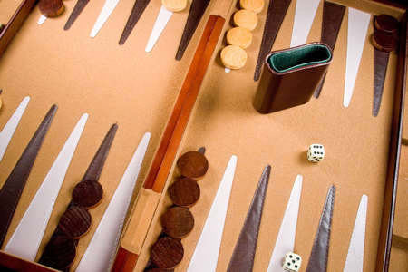 Backgammon game board with dice, pieces, and bars