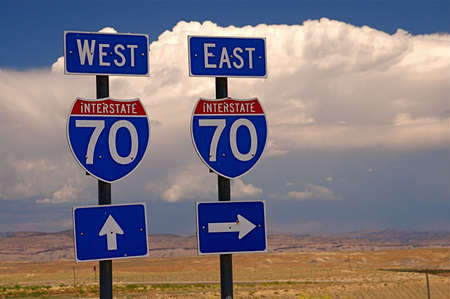Highway directional signage on a remote stretch of interstate in Utah USAの写真素材