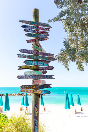 Beach vacation sign post showing city distancesの写真素材