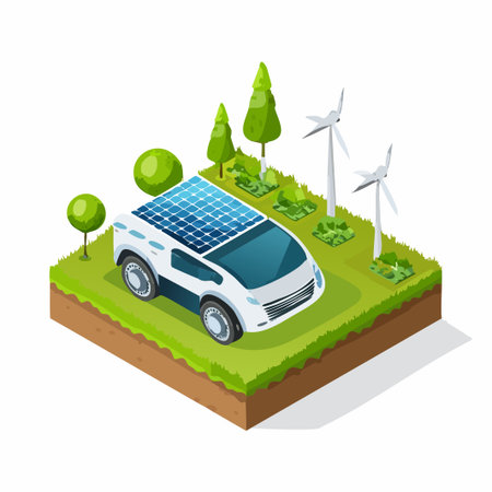 Isometric eco car with solar panels, wind turbines and trees. Vector illustrationのイラスト素材