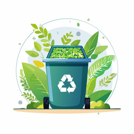 Trash bin with garbage and green leaves. Flat vector illustration.のイラスト素材