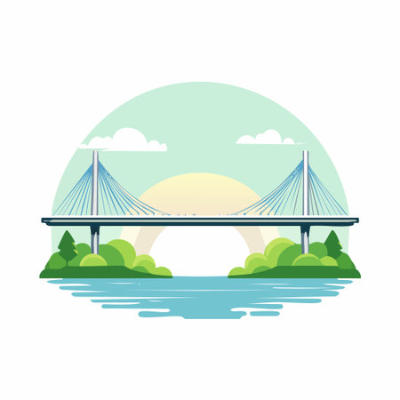 Cable-stayed bridge over the river. Vector illustration.のイラスト素材
