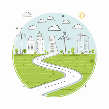 Vector illustration of modern city landscape with road, windmill, houses and treesのイラスト素材
