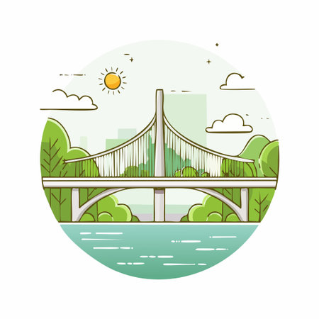Bridge over the river. City landscape. Vector illustration in flat style.のイラスト素材