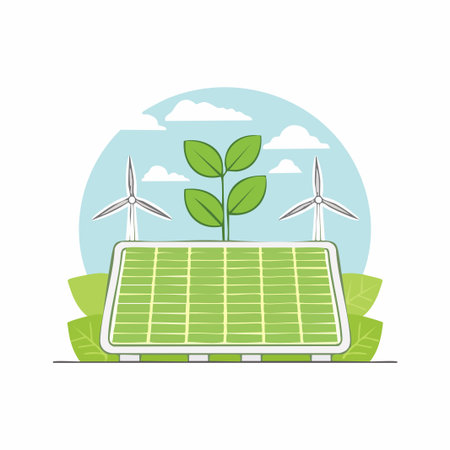 Green energy concept. Solar panels and wind turbines. Vector illustration.のイラスト素材