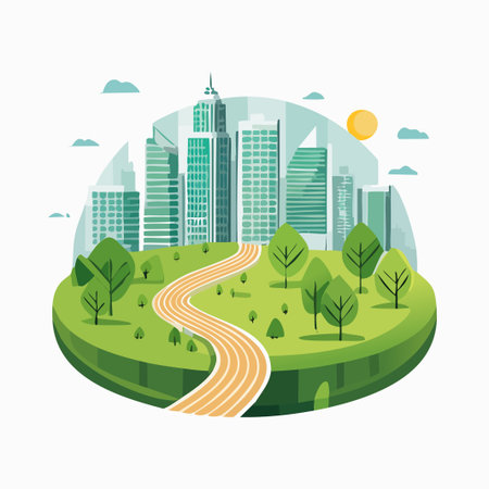 City landscape with road, trees and buildings. Flat style vector illustration.のイラスト素材