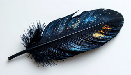 A single, delicate feather holds the vastness of the cosmos. Hand-painted with swirling nebulas and distant stars, it represents the boundless potential of imagination and the connection between the earthly and the celestial. A symbol of creative freedom and mystical wonder.の素材