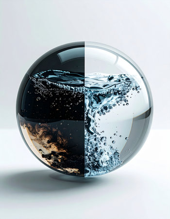 A crystal clear sphere captures a moment of profound duality. On one side, pure, life-giving water splashes with vibrant energy, while the other holds a dark, mysterious and turbulent liquid. This powerful visual represents the balance of opposites, such as good and evil, chaos and order, or pollution and purity, all contained within a single, fragile world.の素材