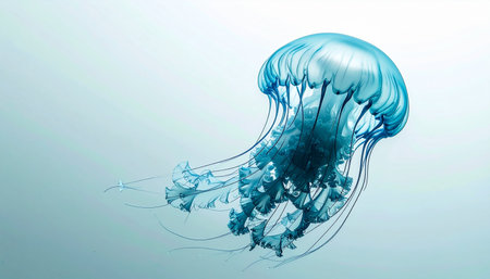 A single, translucent blue jellyfish drifts gracefully through the calm, quiet expanse of the ocean. Its delicate tentacles trail behind, creating a mesmerizing and serene dance of life in the deep, embodying tranquility and the mysterious beauty of marine nature.の素材
