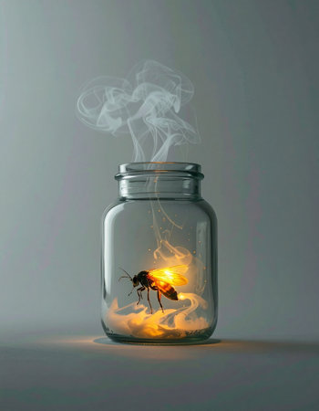 A dramatic and conceptual image illustrating the eradication of a threat. A single mosquito, a carrier of disease, is trapped and set ablaze inside a clear glass jar, with smoke billowing from the top. This powerful visual represents concepts of pest control, finality, and finding a definitive solution to a persistent problem.の素材