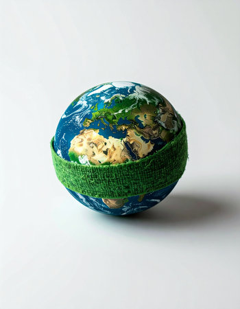 A model of planet Earth is carefully wrapped in a green, textured bandage, symbolizing a collective effort to heal and protect our environment. This minimalist concept on a clean white background represents hope, sustainability, and global responsibility for a healthier future.の素材