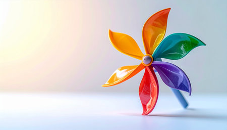 A colorful rainbow pinwheel stands ready, its vibrant blades catching the warm morning light. A symbol of simple childhood joy, innocence, and the gentle power of the wind, it evokes feelings of nostalgia, optimism, and playful energy.の素材