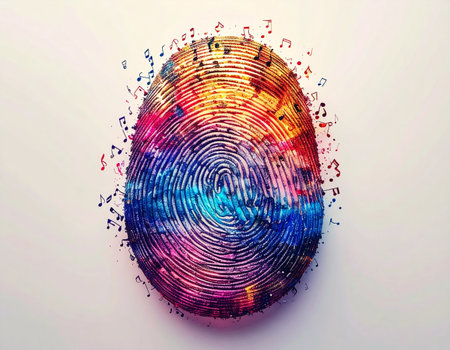 A vibrant, multicolored fingerprint merges with musical notes and soundwaves, creating a powerful visual metaphor. This abstract artwork represents the concept of a unique musical identity, personal playlists, and the individuals sonic signature in the digital age. It symbolizes creativity, biometrics, and the deeply personal connection between sound and self.の素材