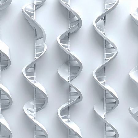 A clean, orderly array of DNA double helices stands in a repeating pattern, symbolizing the vast and complex library of genetic information. This minimalist and futuristic visual represents the forefront of scientific research, biotechnology, and the ongoing quest to understand the fundamental code of life.の素材