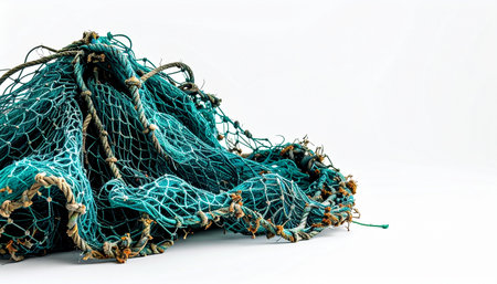 A tangled pile of a commercial fishing net rests isolated on a white background. This object represents both the hardworking marine industry and the complex environmental challenges of ocean pollution, entanglement, and the need for sustainable practices.の素材
