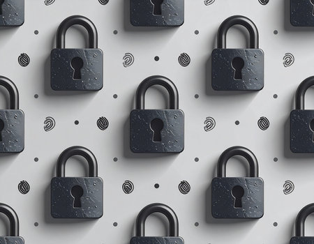 A repeating grid of dark padlocks on a textured background, symbolizing robust cybersecurity and data protection. This conceptual image represents a strong, unified defense system for digital information, privacy, and network safety.の素材