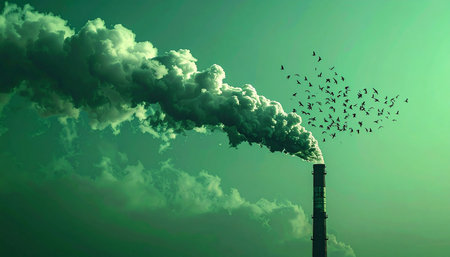 In a surreal vision of environmental change, thick smoke billowing from an industrial smokestack transforms into a flock of birds, symbolizing natures escape from pollution. This powerful conceptual image represents hope, freedom, and the urgent need for a sustainable future.の素材