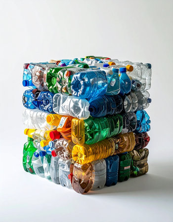 A tightly compressed cube of colorful plastic bottles stands as a powerful symbol of modern recycling efforts. This bale represents the transformation of consumer waste into a valuable raw material, highlighting concepts of sustainability, environmental responsibility, and the circular economy in a clean, studio setting.の素材