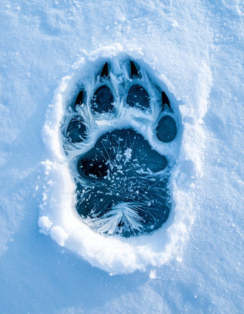 A single, powerful paw print from a large wild bear is perfectly preserved in the fresh, cold snow. This clear track, showing sharp claws, tells a story of a solitary journey through a pristine winter wilderness, a silent testament to the untamed life that thrives in harsh environments.の素材