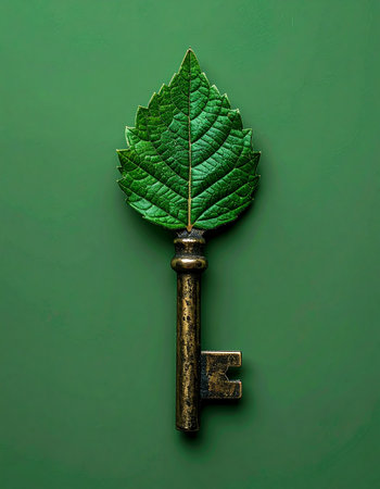 An old, ornate key, transformed by a vibrant green leaf, rests on a solid background. This conceptual image represents unlocking the secrets to a sustainable future, finding natural solutions, and the key to environmental growth and ecological harmony.の素材