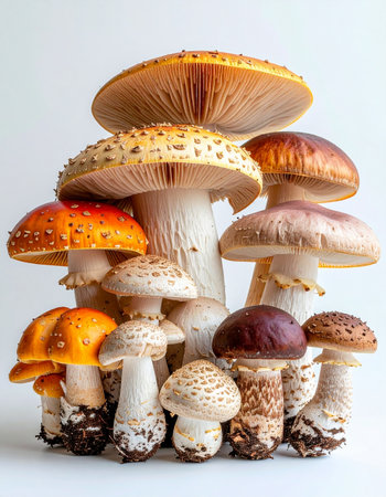 A diverse family of wild mushrooms stands together, showcasing a vibrant spectrum of colors, shapes, and sizes. This carefully arranged collection on a clean white background highlights the intricate beauty and mysterious nature of the fungal kingdom, from the iconic spotted cap to the delicate gills beneath.の素材