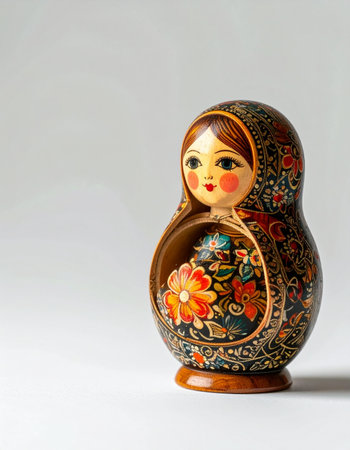 A beautifully hand-painted Russian Matryoshka doll stands against a clean background, its outer layer open to reveal another intricate doll within. This image symbolizes layers of family, tradition, and the hidden depths found within heritage and craftsmanship.の素材