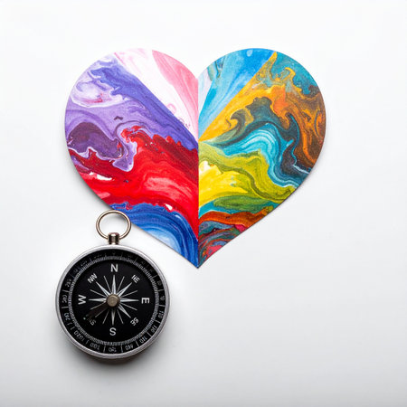 A compass lies beside a vibrant, abstract heart, symbolizing the journey of following ones true passions and intuition. This conceptual image represents making life choices guided by emotion, creativity, and personal direction, navigating the path to love and self-discovery.の素材