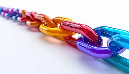 A vibrant, multi-colored chain stretches across a clean white background, its glossy links interlocking. Each unique color represents a different idea, person, or component, coming together to form a strong, unbreakable bond. This image symbolizes the power of diversity, teamwork, and collaboration in creating a unified and resilient whole.の素材