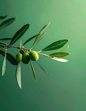 A single, elegant olive branch, bearing fresh, unripe fruit, is beautifully isolated against a serene green background. This minimalist composition evokes a sense of peace, natural purity, and the promise of a healthy harvest.の素材