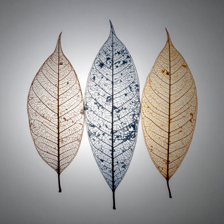 Three delicate skeleton leaves stand in a quiet row, each telling a story of time and transformation. Their intricate, web-like veins reveal the hidden architecture of nature, showcasing a fragile beauty found in the cycle of decay and renewal. This minimalist composition evokes a sense of calm, elegance, and reflection.の素材